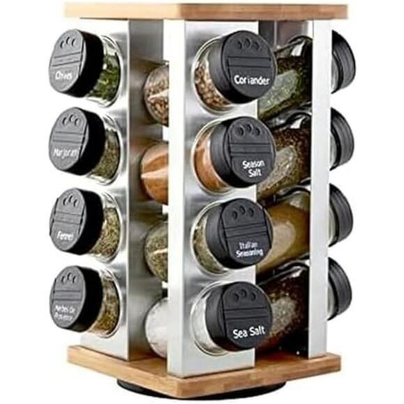 revolving spice rack organizer with 16 jars stainless steel bamboo kitchen stora - Picture 1 of 7